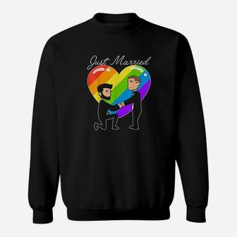 Just Married Gay Couple Just Married Rainbow Heart Print Sweatshirt | Crazezy