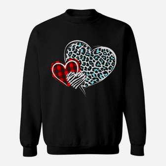 Leopard Print Blue Heart Buffalo Plaid Heart Valentine Day Sweatshirt - Monsterry DE