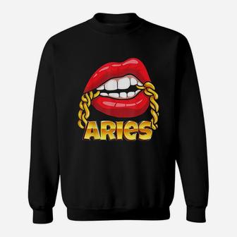 Lips Gold Chain Aries Zodiac Sign Sweatshirt | Crazezy