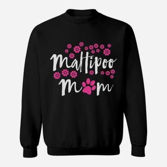 Maltipoo Mom Pink Flower Design With Pink Paw Sweatshirt | Crazezy
