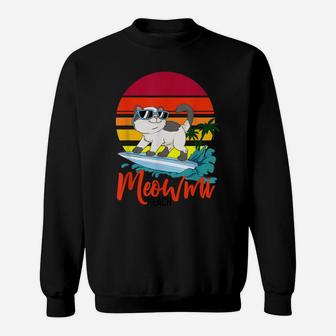 Meowmi Beach Surfing Cat Retro Sunset Ocean Coast Kitten Sweatshirt | Crazezy