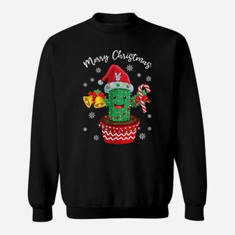 Merry Christmas Cute Cactus Santa Hat Candy Cane Funny Xmas Sweatshirt | Crazezy