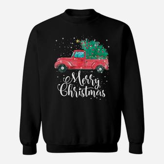 Merry Christmas Red Truck Pick Up Tree Family Pajama Gift Sweatshirt | Crazezy