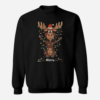 Merry Christmoose Christmas Moose Xmas Tree Lights Gift Sweatshirt | Crazezy