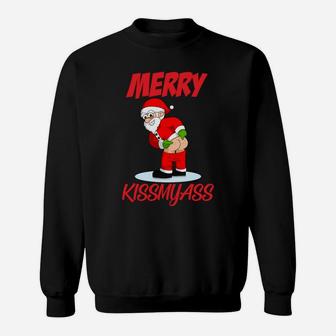 Merry Kissmyass Christmas Rebel Funny Santa Claus Xmas Sweatshirt Sweatshirt | Crazezy