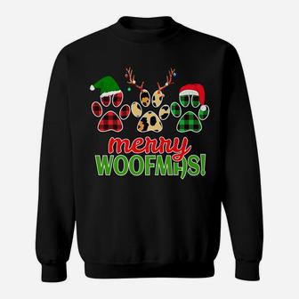 Merry Woofmas Dog Paw Christmas Buffalo Plaid Leopard Print Sweatshirt | Crazezy