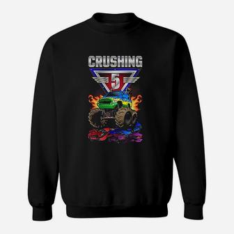Monster Trucks Crushing 5 5Th Birthday Five Year Old Sweatshirt | Crazezy
