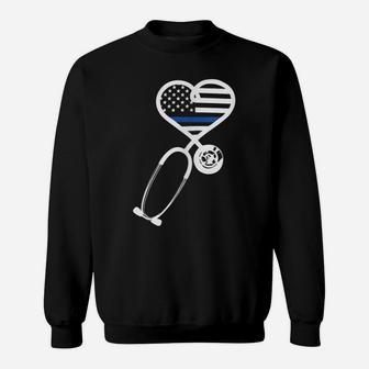 Nurse Police Wife Officer Thin Blue Line Heart Flag Sweatshirt | Crazezy