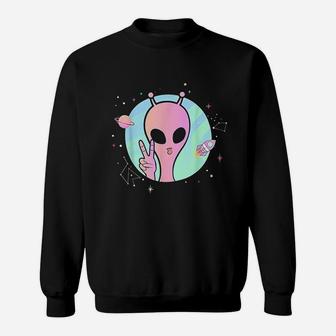 Peace Sign Hand Planet Stars Ufo Cool Trippy Gift Pink Alien Sweatshirt | Crazezy