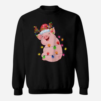 Pig Christmas Lights Tree Funny Santa Hat Merry Christmas Raglan Baseball Tee Sweatshirt | Crazezy DE