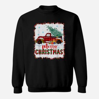 Red Buffalo Plaid Truck Merry Christmas Tree Bleached Print Sweatshirt | Crazezy CA