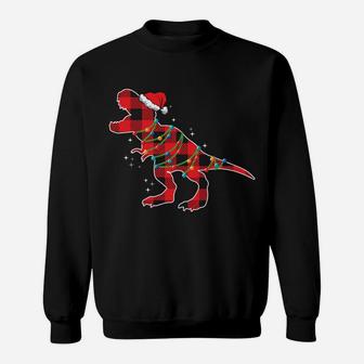 Red Plaid Dinosaur Christmas Lights Funny Santa Hat Sweatshirt | Crazezy