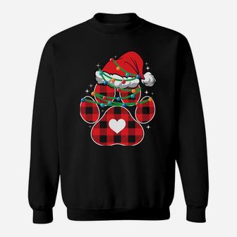Red Plaid Dog Paw Print Christmas Lights Funny Santa Hat Sweatshirt | Crazezy
