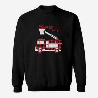 Red Plaid Fire Truck Funny Fireman Valentines Day Gift Sweatshirt | Crazezy