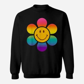Retro 70S Costume For Women Hippie Flower Smily Face Rainbow Sweatshirt | Crazezy