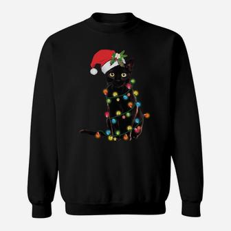 Santa Black Cat Wrapped Up In Christmas Tree Lights Holiday Sweatshirt | Crazezy CA