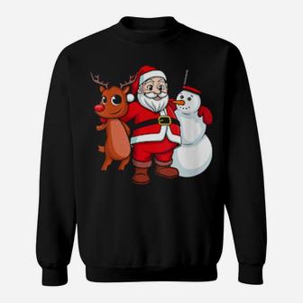 Santa Claus Hugging Snowman And Reindeer Sweatshirt - Monsterry
