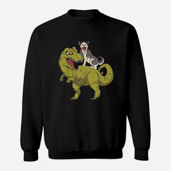 Siberian Husky Dog Riding Dinosaur Sweatshirt | Crazezy AU