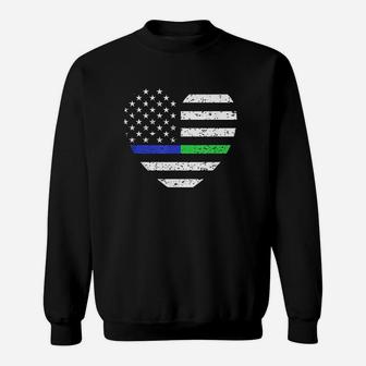 Thin Blue Line Green Line Flag Heart Sweatshirt | Crazezy