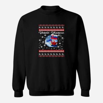 Ugly Christmas Tee mit Weihnachtspullover-Design & Weltkarte, Schwarzes Sweatshirt - Seseable
