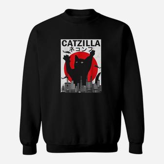 Vintage Catzilla Japanese Sunset Style Cat Kitten Lover Sweatshirt | Crazezy