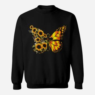 Vintage Faith Cross Sunflower Butterfly Christian Sweatshirt - Monsterry