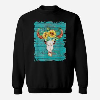 Vintage Sunflower Cow Skull Blue For Cowgirl Country Girl Sweatshirt | Crazezy