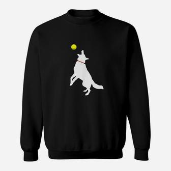 White German Shepherd Dog Gsd Catching Yellow Tennis Ball Sweatshirt | Crazezy UK