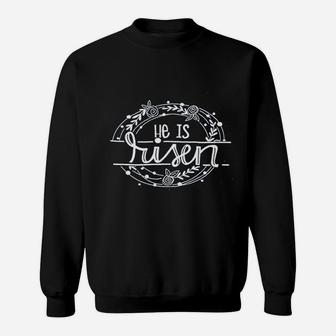 Women He Is Risen Christian Easter Lily Graphic Cute Easter Egg Inspirational Sweatshirt | Crazezy CA