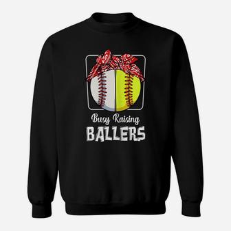 Womens Busy Raising Ballers Softball Funny Baseball Mom Sport Sweatshirt | Crazezy