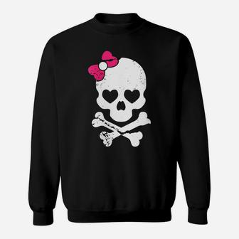 Womens Cute Skull And Cross Bone Pink Bow Tie Women Girls Adorable Sweatshirt | Crazezy
