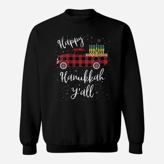Womens Funny Buffalo Plaid Happy Hanukkah Y'all Red Truck Gift Sweatshirt | Crazezy