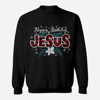 Womens Happy Birthday Jesus Flower Red Buffalo Plaid Jesus Lovers Sweatshirt | Crazezy CA
