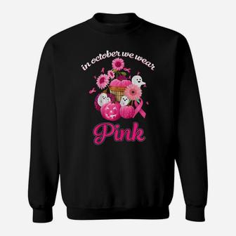 Womens In October We Wear Pink Ghosts And Pumpkin Flower Ribbon Sweatshirt | Crazezy