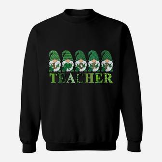 Womens Lucky Teacher Gnomes St Patricks Day Leopard Print Shamrocks Sweatshirt | Crazezy