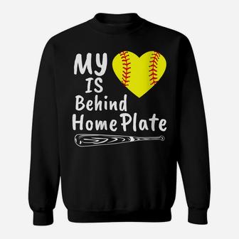 Womens My Heart Is Behind Home Plate Softball Proud Mom Dad Gift Sweatshirt | Crazezy