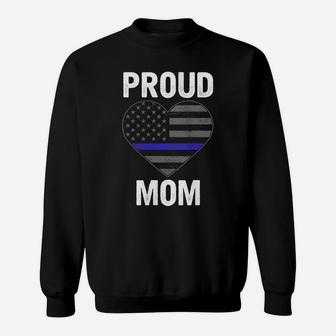 Womens Proud Mom Blue Line Law Enforcement Flag Heart Sweatshirt | Crazezy
