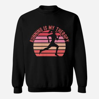 Womens Running Is My Therapy Girl Runner Retro Sunset Funny Sweatshirt | Crazezy AU