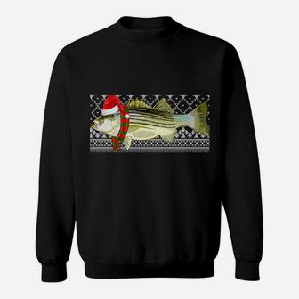 Xmas Fish Santa Hat Striped Bass Ugly Christmas Sweatshirt Sweatshirt | Crazezy DE