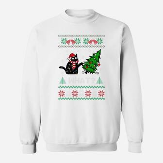 Black Cat Pushing Christmas Tree Over Cat What Ugly Sweater Sweatshirt Sweatshirt | Crazezy CA