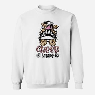 Cheer Mom Leopard Messy Bun Cheerleader Funny Mothers Day Sweatshirt | Crazezy UK