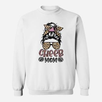 Cheer Mom Leopard Messy Bun Cheerleader Funny Mothers Day Sweatshirt | Crazezy AU
