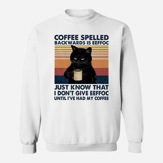 Coffee Spelled Backwards Is Eeffoc Cat Drinking Vintage Sweatshirt Sweatshirt | Crazezy DE