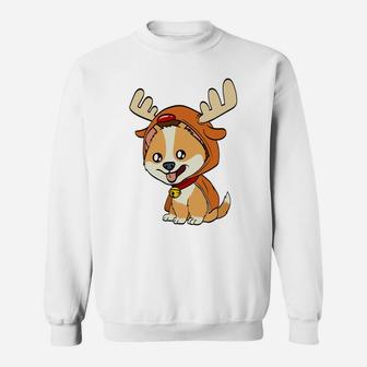 Corgi Puppy Dog Dressed As Reindeer Dogs Xmas Sweatshirt Sweatshirt | Crazezy