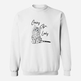Crazy Cat Lady Sweatshirt in Weiß, Lustiges Katzenliebhaber Tee - Seseable