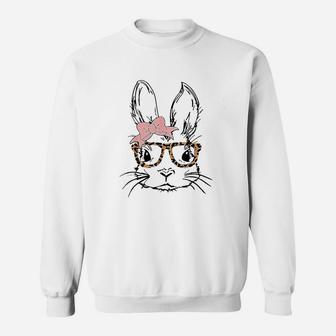 Cute Bunny Rabbit Face Wearing Leopard Glasses Easter Sweatshirt | Crazezy
