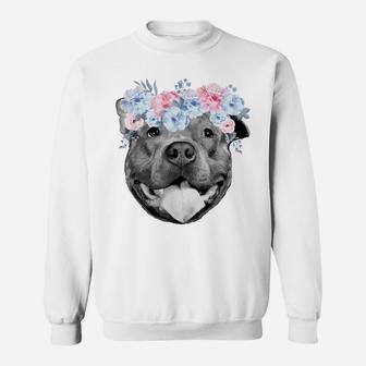 Cute Pitbull Face Floral Watercolor Flower Pittie Mom Gift Sweatshirt | Crazezy CA