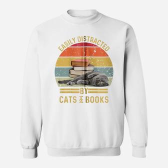 Easily Distracted By Cats And Books Funny Cat And Book Lover Zip Hoodie Sweatshirt | Crazezy DE