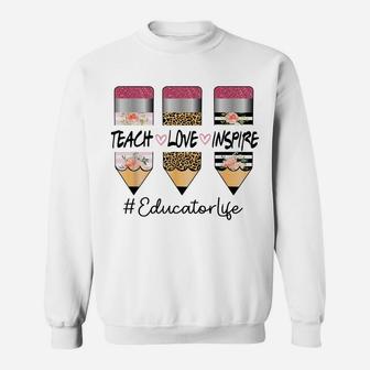 Educator Life Teach Inspire Love Three Crayon Leopard Flower Sweatshirt | Crazezy AU