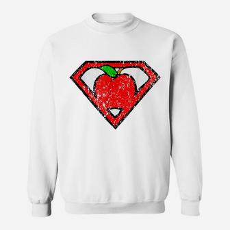 Funny Cute Distressed Super Teacher Superhero Apple Shirt Sweatshirt | Crazezy CA